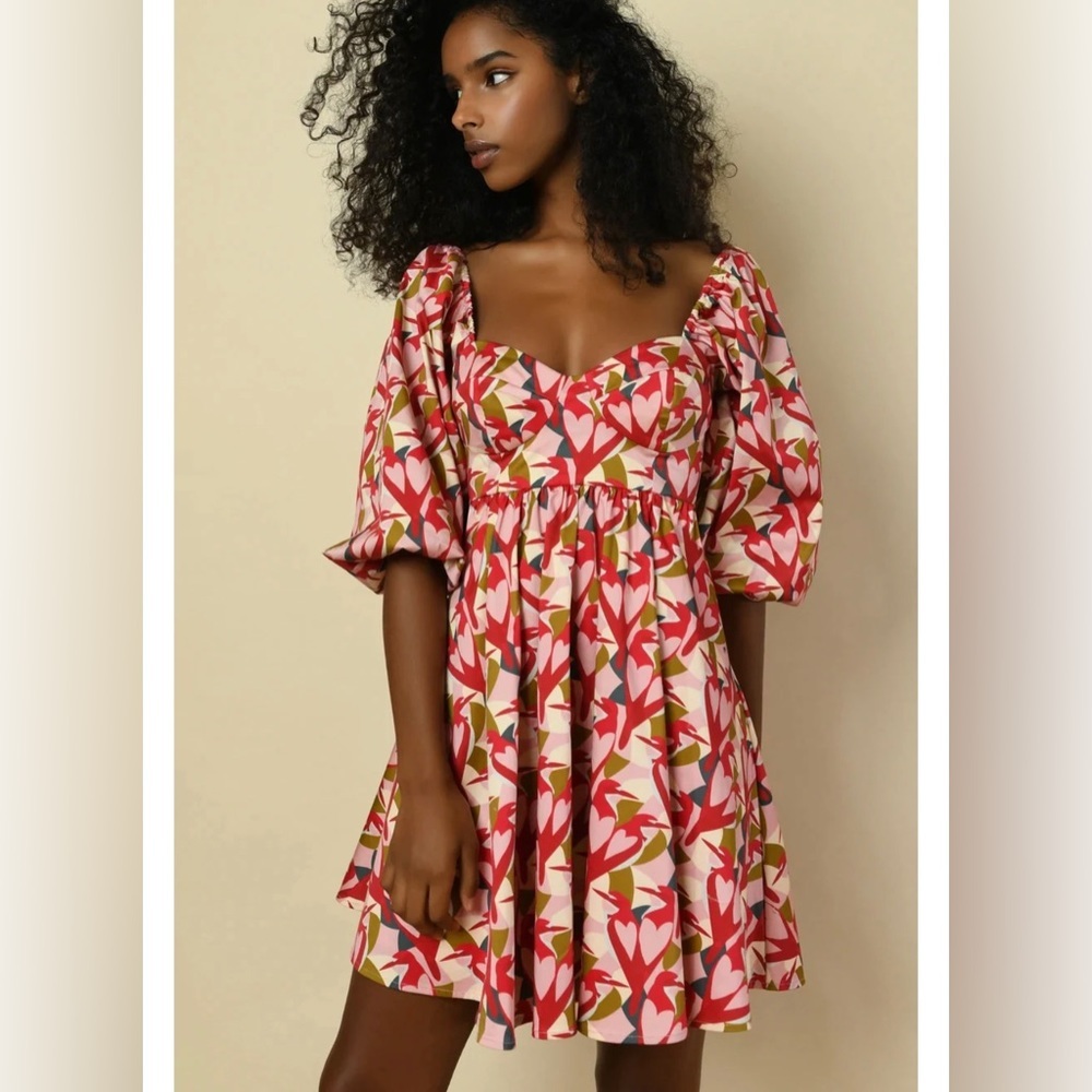 Anthropologie Hutch Pink Hearts Puff Sleeve Red Mini Dress Size 4